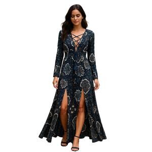 H&M Boho Goddess Maxi Dress Navy Print Lace Up Slit Thigh Size 8 Wedding Guest